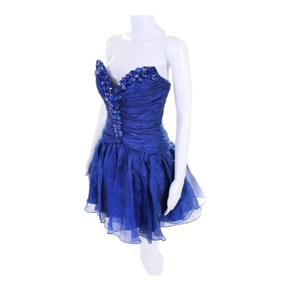 NEW SHERRI HILL Royal Blue Crystal Beaded Ruched Metallic Flare Mini Dres Size 4 - Picture 6 of 9